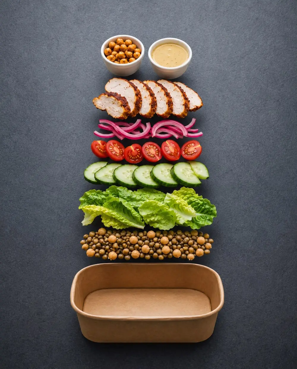 The lunch box built layer by layer: pulses, grains, salad, pickles, sliced chicken, dressing and crisped chickpeas
