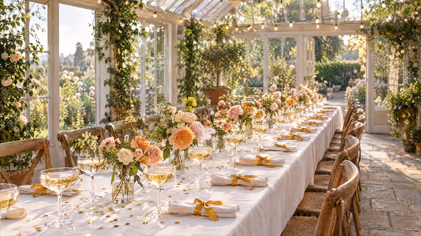 A long celebration table in a conservatory, set with coupes and roses, a scene made with AI