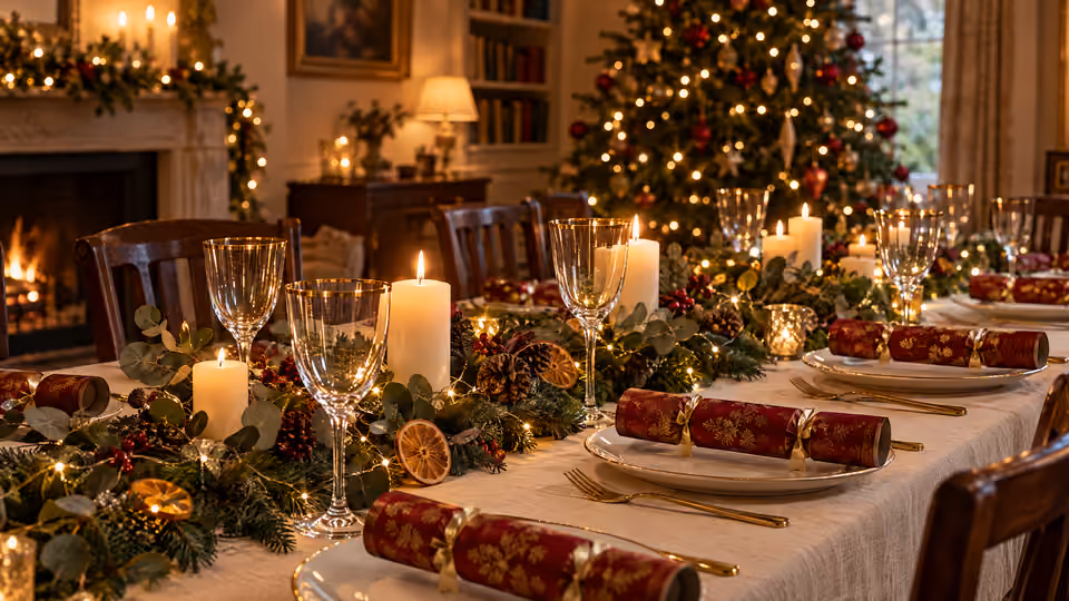A Christmas dinner table laid with crackers, candles and a fir garland (a scene made with AI)