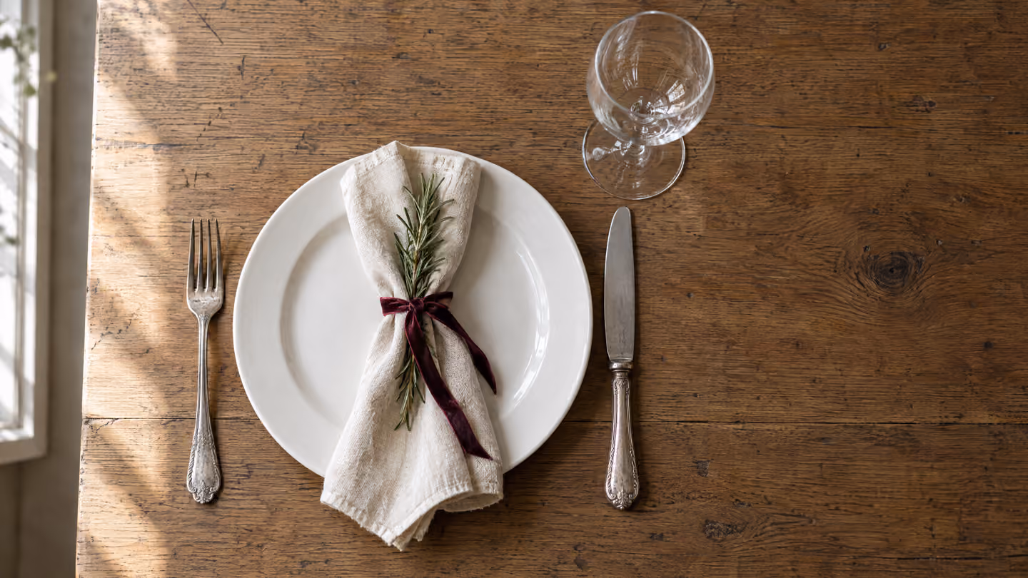 A single place setting on an oak table, seen from above, a scene made with AI