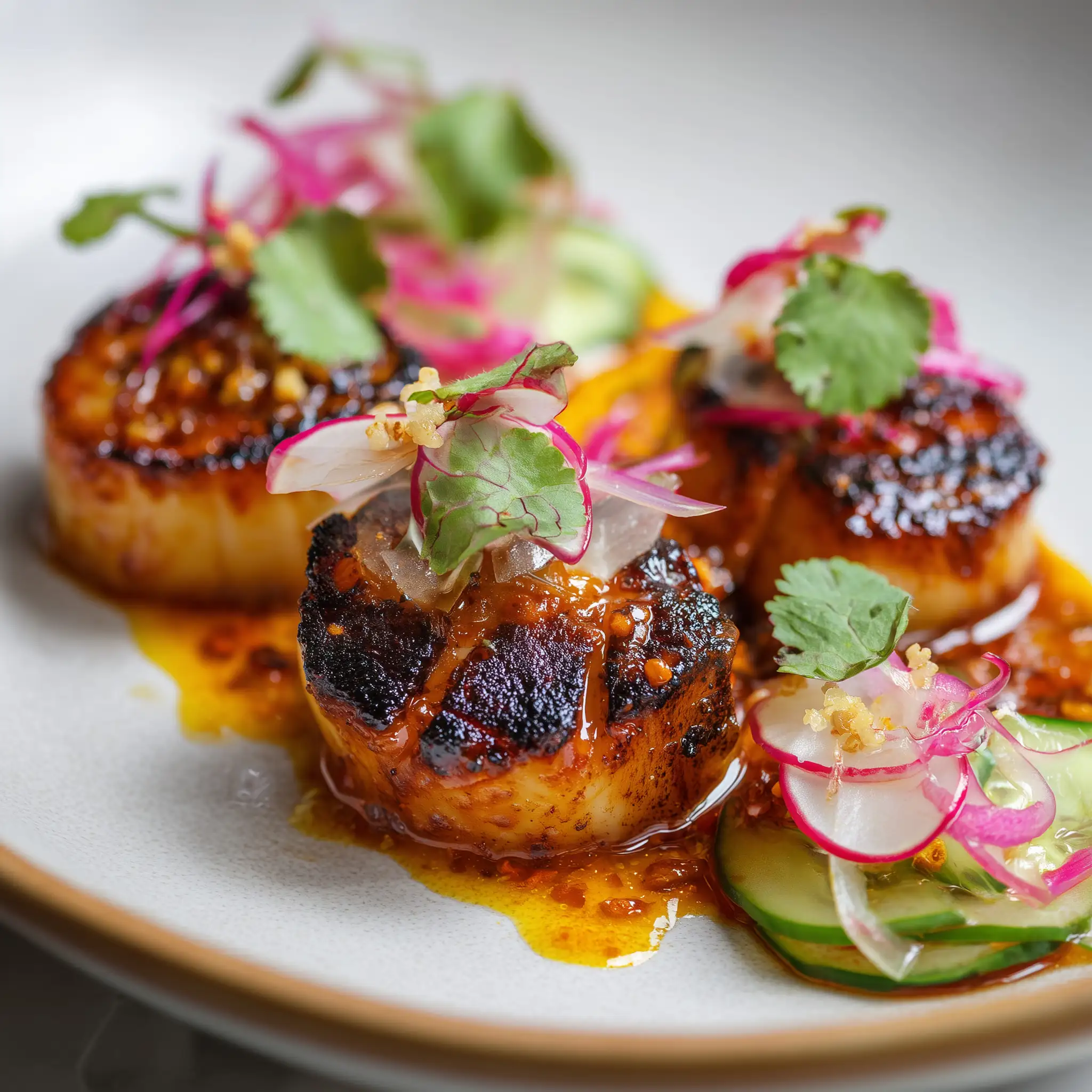 Seared scallops, pickled radish and coriander