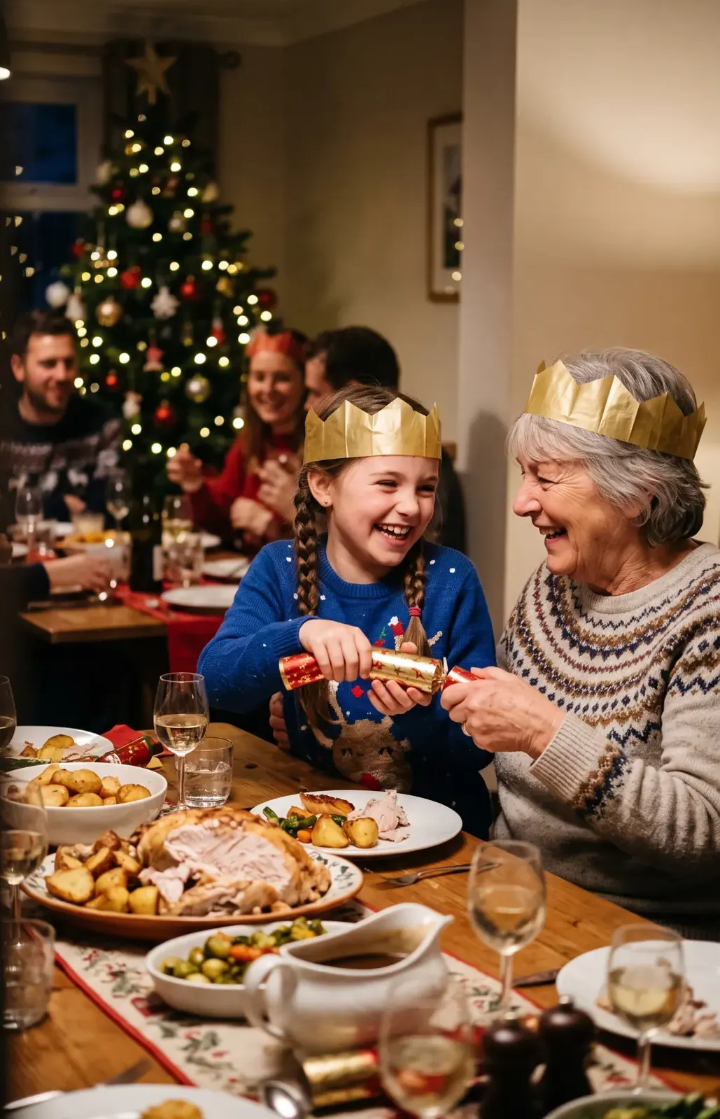 A family laughing over Christmas dinner