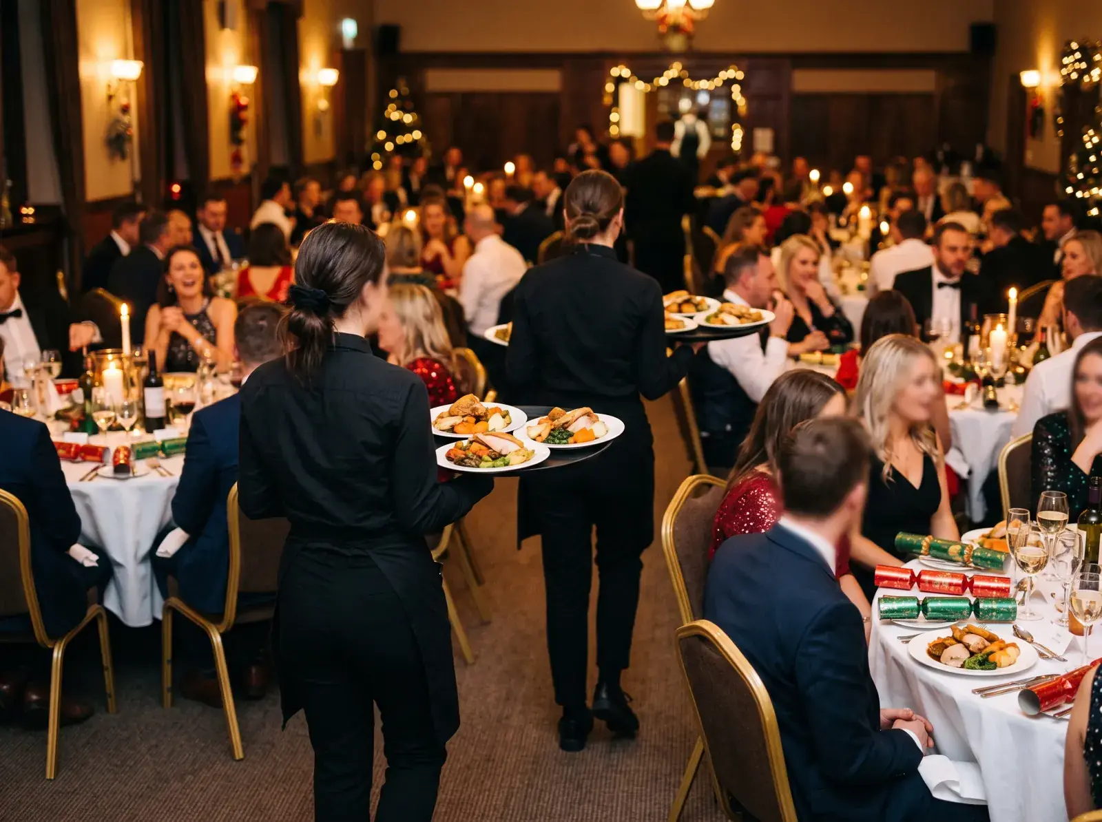 Waiting staff serving Christmas dinner at a company party