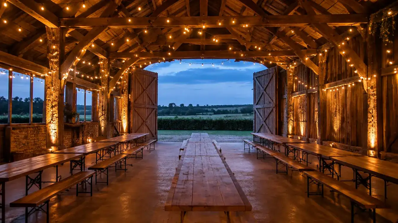 An empty dry-hire barn with festoon lights at dusk