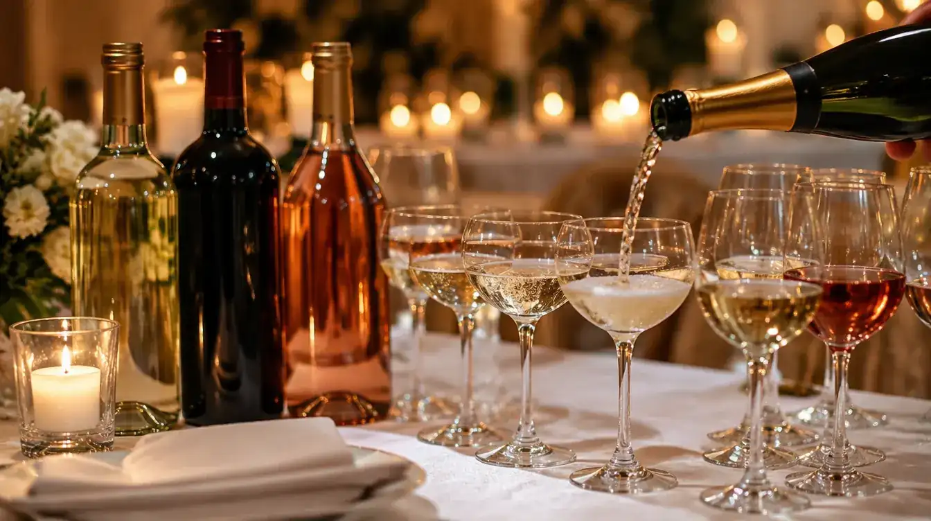 Sparkling wine being poured into glasses beside bottles of white, red and rosé