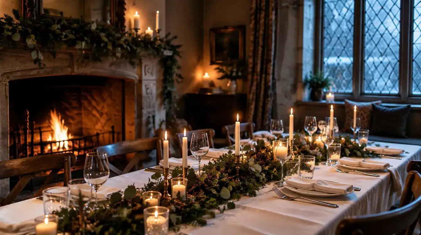 A winter wedding table by a lit fireplace with evergreen garland and candles