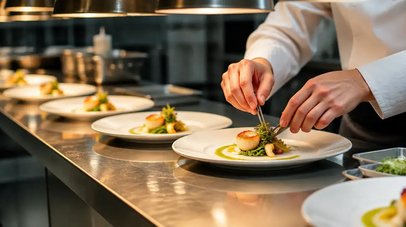 A chef finishing plated starters at the kitchen pass