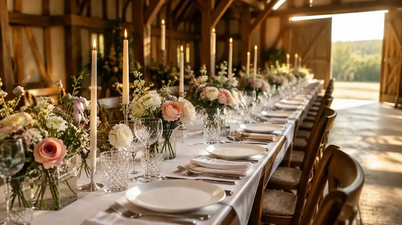 A long wedding table laid in an oak-beamed barn at golden hour