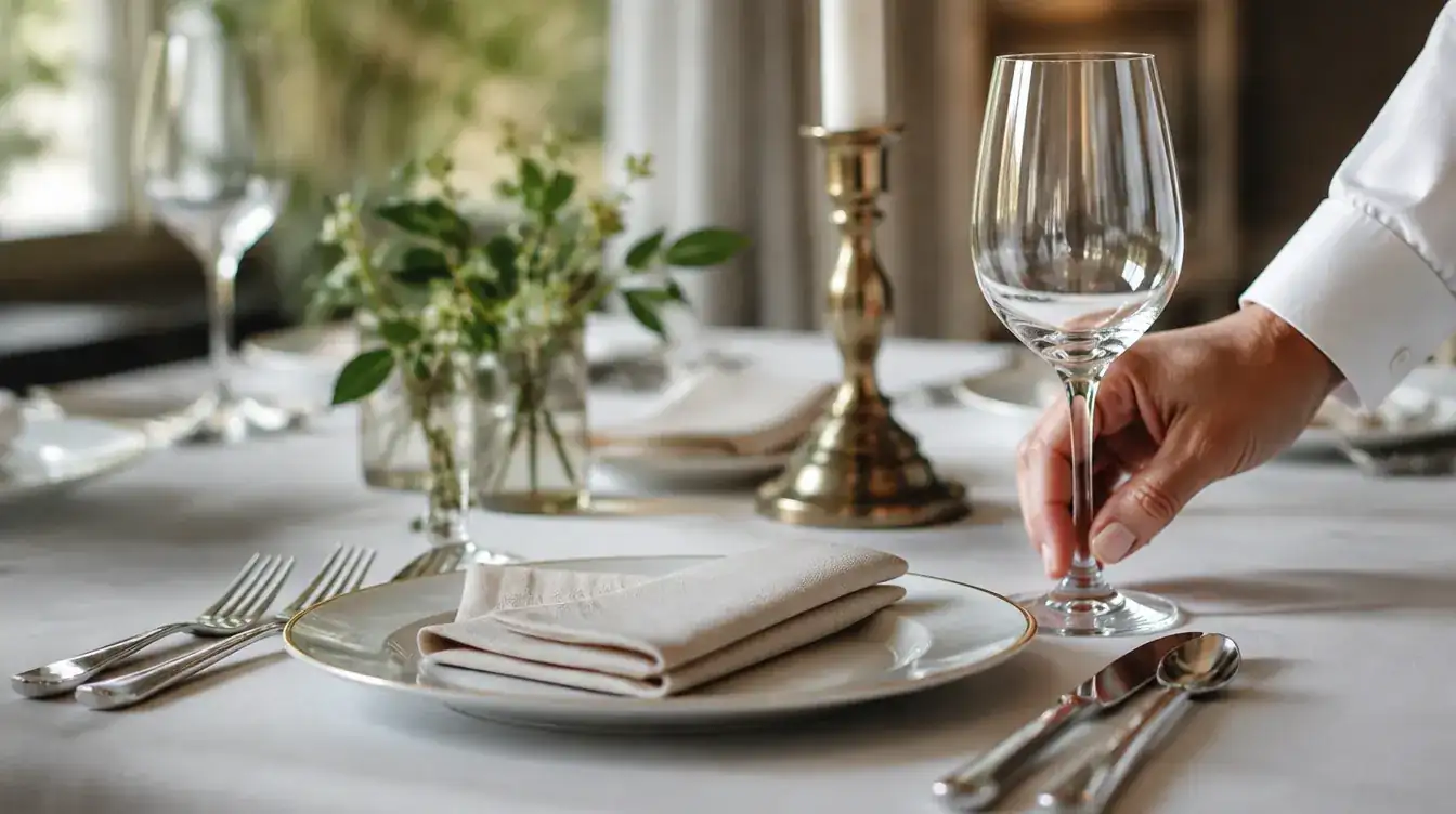A waiter placing a wine glass at a wedding place setting