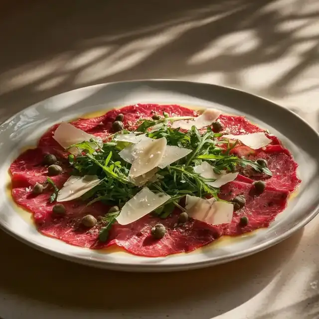 Beef carpaccio with rocket, parmesan shavings and capers, a starter from the Italian fine dining menu