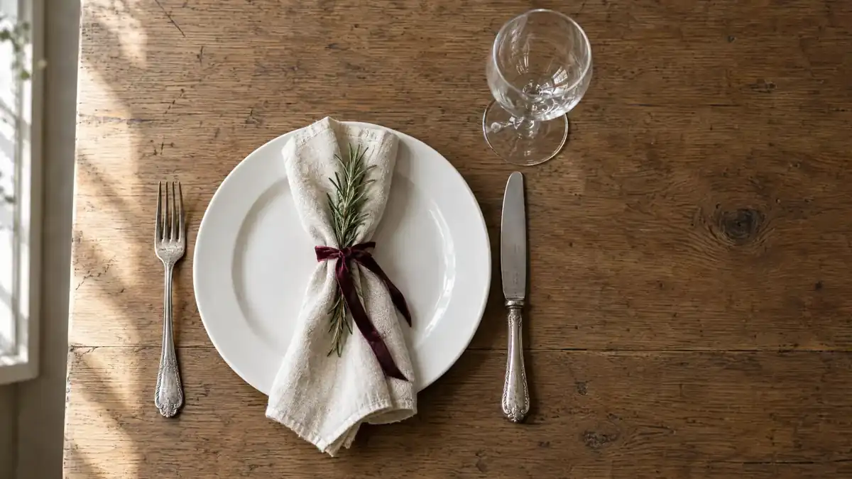 A single place setting on a wooden table: white plate, linen napkin and a sprig of rosemary