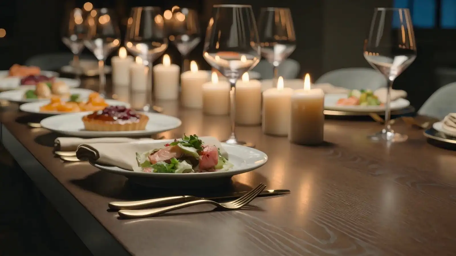 A long table laid for dinner by candlelight