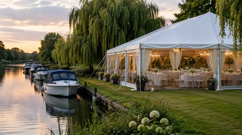 Illustration of a riverside marquee, not Cambridge Marina